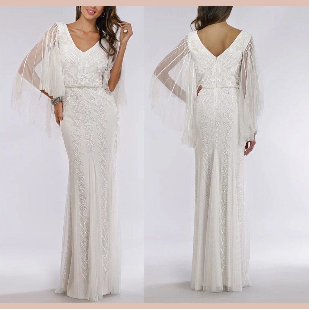 NWT LARA [ 10 ] 51046‎ V Neck Beaded Cape Sleeve Gown in Ivory White #J2024